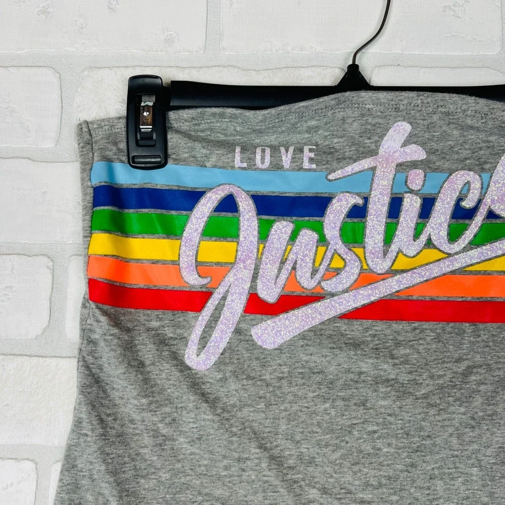 Justice Girls Grey Rainbow Glitter Love Justice Tube Top Strapless Shirt Size 14